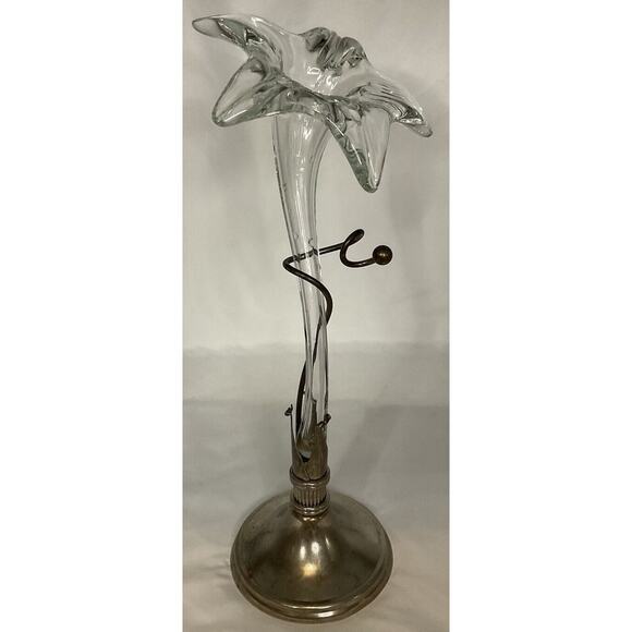 VTG Amaryllis Flower Vase In Silver Plated Ornate Metal Stand Art Glass 15.5 IN - Picture 3 of 16